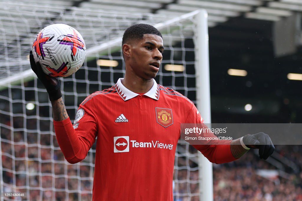 MANCHESTER, ENGLAND - APRIL 30: Marcus Rashford of Manchester United holds the matchball during the Premier League match between Manchester United and Aston Villa at Old Trafford on April 30, 2023 in Manchester, United Kingdom. (Photo by Simon Stacpoole/Offside/Offside via Getty Images)
