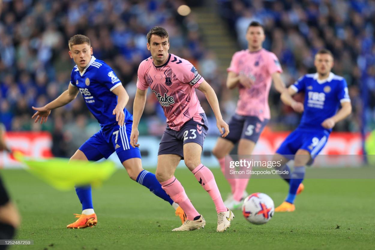 Everton captain Séamus Coleman (centre) during his side's 2-2 Premier League draw with Leicester City (Photo by Simon Stacpoole/Offside/Offside via Getty Images)