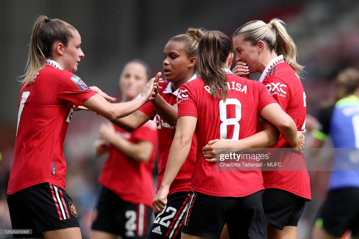 Alessia Russo of Manchester United celebrates scoring a goal to make the score 2-0 with her team-mates during the FA Women's Super League match between Manchester United and Tottenham Hotspur at Leigh Sports Village on May 7, 2023 in Leigh, United Kingdom. (Photo by Charlotte Tattersall - MUFC/Manchester United via Getty Images)