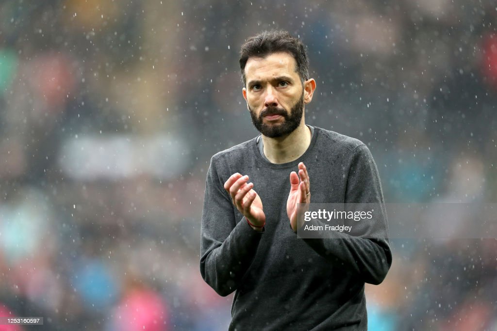 SWANSEA, WALES - MAY 08: Carlos Corberan, Manager of West Bromwich Albion applauds the travelling West Bromwich Albion fans after the Sky Bet Championship between Swansea City and West Bromwich Albion at Liberty Stadium on May 8, 2023 in Swansea, United Kingdom.