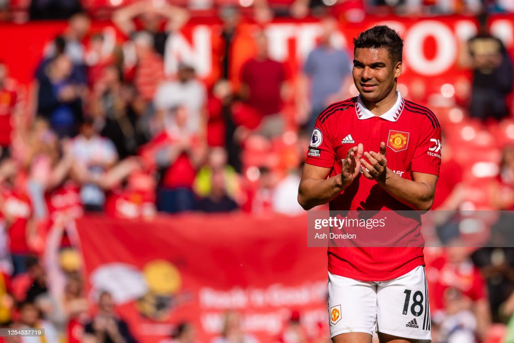 MANCHESTER, ENGLAND - MAY 13: Casemiro of Manchester United applauds the fans during the Premier League match between Manchester United and Wolverhampton Wanderers at Old Trafford on May 13, 2023 in Manchester, England. (Photo by Ash Donelon/Manchester United via Getty Images)