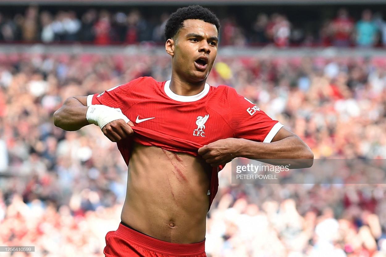 <strong><a  data-cke-saved-href='https://www.vavel.com/en/football/2023/04/18/liverpool-fc/1144175-who-is-ryan-gravenberch-liverpools-alternative-to-jude-bellingham.html' href='https://www.vavel.com/en/football/2023/04/18/liverpool-fc/1144175-who-is-ryan-gravenberch-liverpools-alternative-to-jude-bellingham.html'>Cody Gakpo</a></strong> celebrates his goal seconds before it is ruled offside (Image by PETER POWELL/Getty Images)