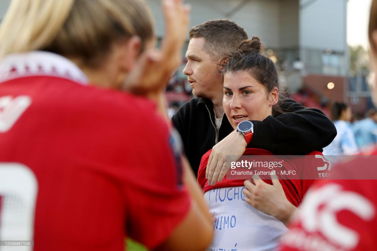 Lucia Garcia of Manchester United celebrates with Manchester United Head Coach / Manager Marc Skinner at the end of the FA Women's Super League match between Manchester United and Manchester City at Leigh Sports Village on May 21, 2023 in Leigh, England. (Photo by Charlotte Tattersall - MUFC/Manchester United via Getty Images)