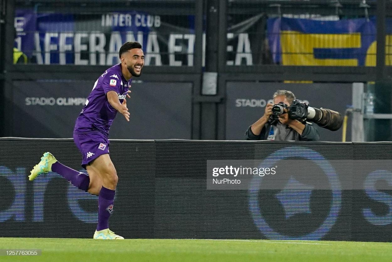 Nicolas Gonzalez of ACF Fiorentina celebrates after scoring first goal during the <strong><a  data-cke-saved-href='https://www.vavel.com/en/international-football/2023/06/06/europa-league/1148611-fiorentina-italianos-sharp-shooters-know-their-way-to-goal.html' href='https://www.vavel.com/en/international-football/2023/06/06/europa-league/1148611-fiorentina-italianos-sharp-shooters-know-their-way-to-goal.html'>Coppa Italia</a></strong> Final. (Photo by Giuseppe Maffia/NurPhoto via Getty Images)