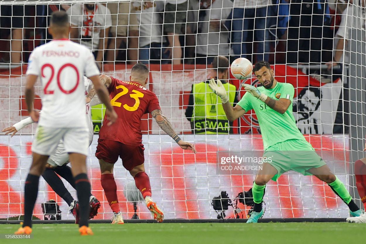 Own-goal from Mancini makes it 1-1. (Photo by ODD ANDERSEN/AFP via Getty Images)