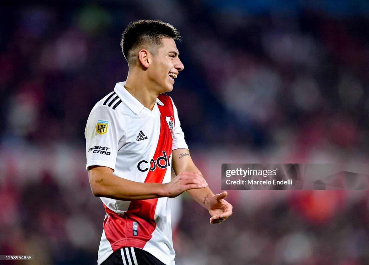 Echeverri signed his first professional contract with River in December 2022 with a release clause of circa £25M (Photo by Marcelo Endelli/Getty Images)