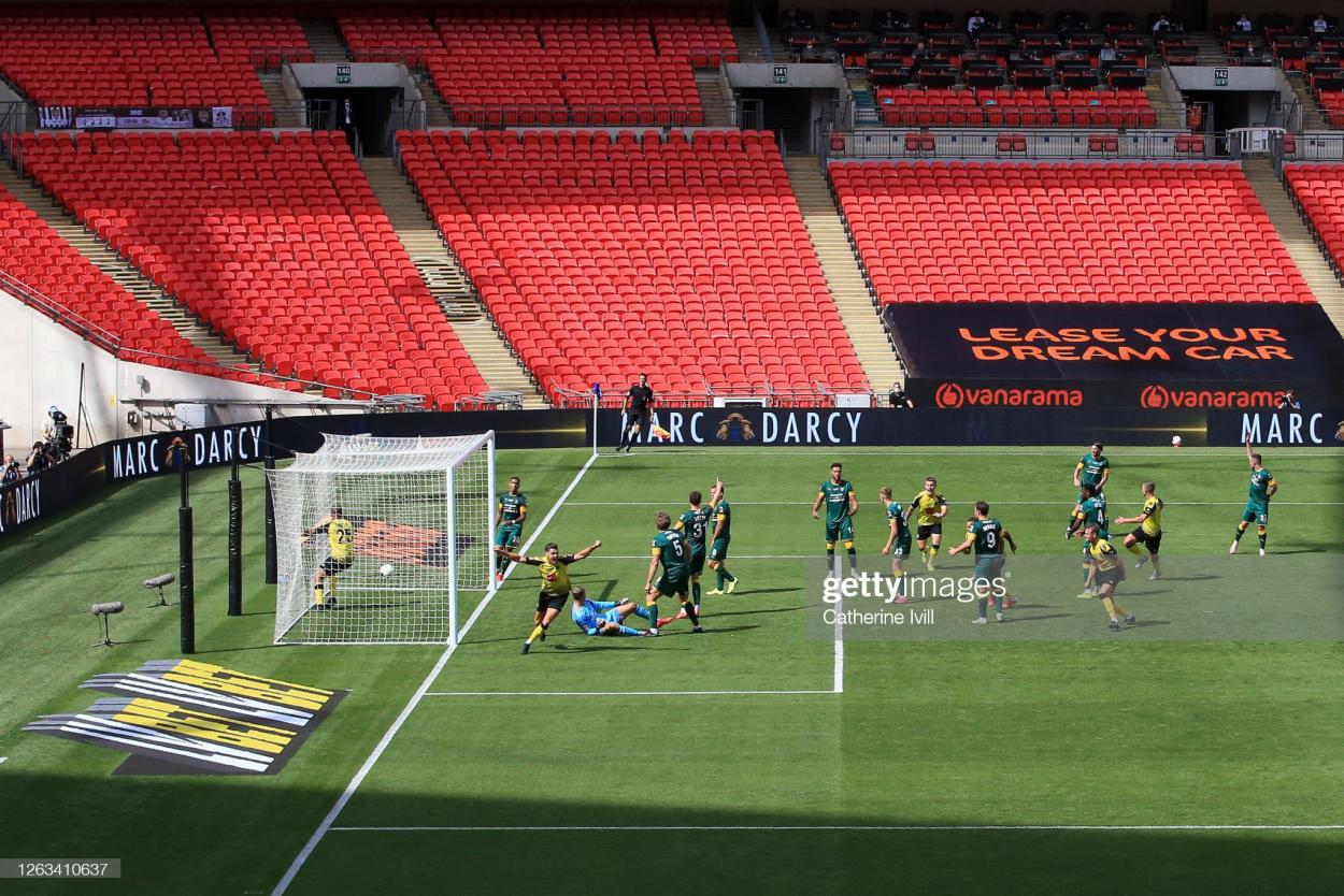 Notts County were beaten at Wembley in 2020 by Harrogate Town, denied an instant return to the EFL (Photo by Catherine Ivill/Getty Images)