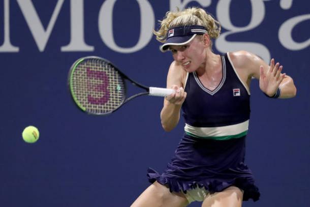 Alexandrova hits a forehand during her match against Clijsters/Photo: Al Bello/Getty Images 