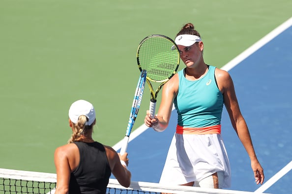 Brady and Putintseva meet following the match (Image: Al Bello)