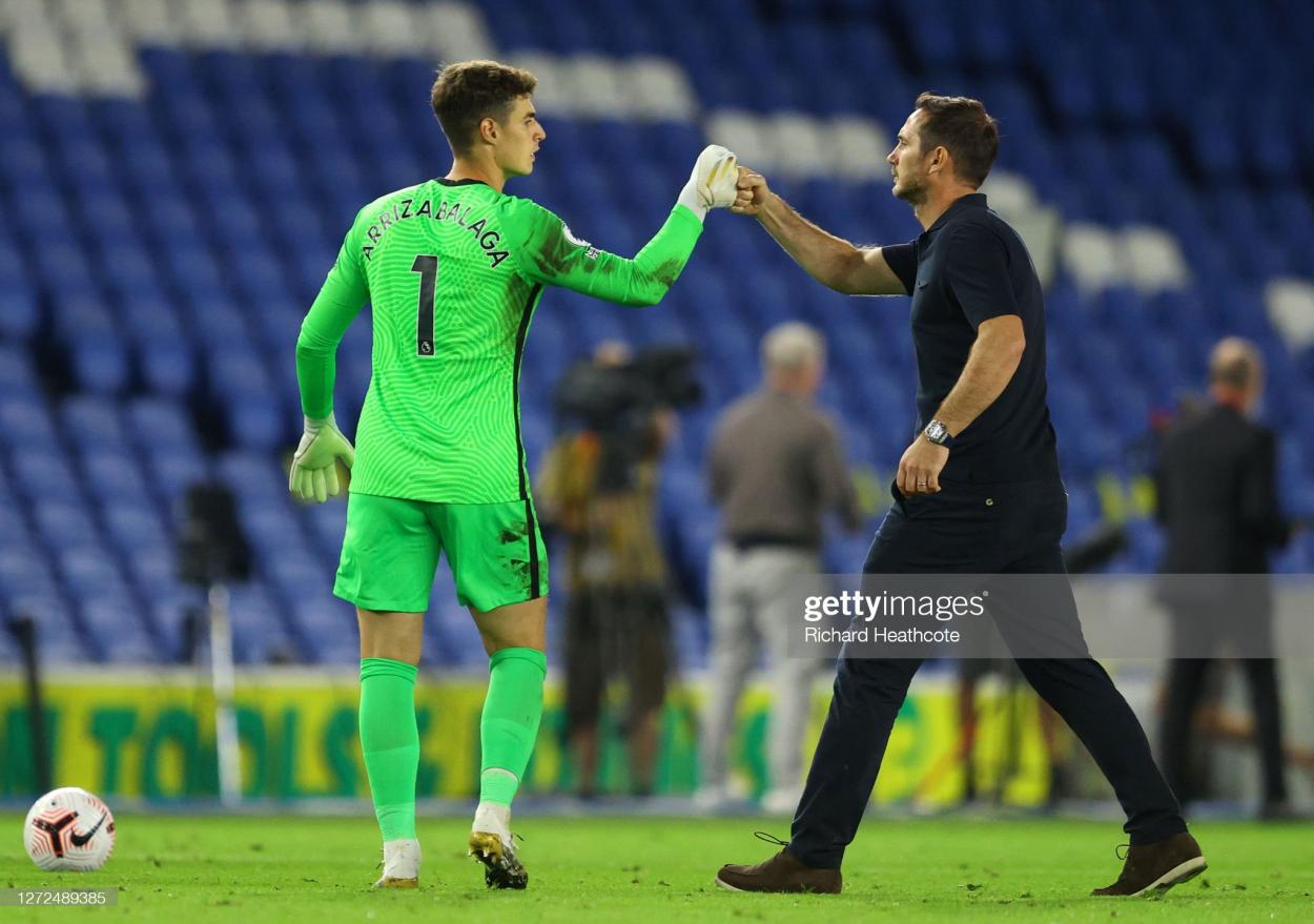 Kepa Arrizabalaga and Frank Lampard in 2020 after clash against Brighton and Hove Albion.(Photo by Richard Heathcote/Getty Images)