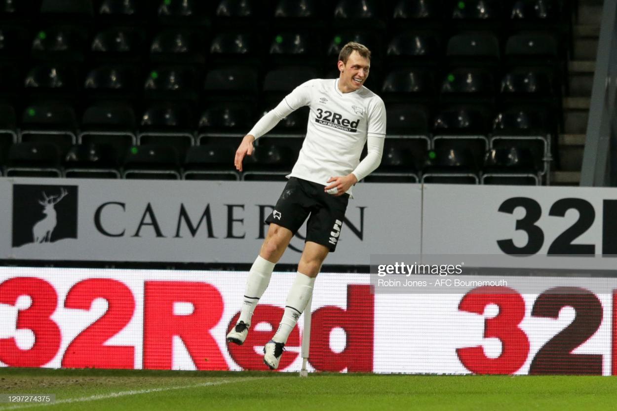 DERBY, ENGLAND - JANUARY 19: Krystian Bielik of Derby County scores a goal to make it 1-0 and celebrates during the Sky Bet Championship match between Derby County and AFC Bournemouth at Pride Park Stadium on January 19, 2021 in Derby, England. Sporting stadiums around the UK remain under strict restrictions due to the Coronavirus Pandemic as Government social distancing laws prohibit fans inside venues resulting in games being played behind closed doors. (Photo by Robin Jones - AFC Bournemouth/AFC Bournemouth via Getty Images)