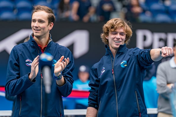 Teammates this past week, potential rivals if they meet up as Medvedev (L) and Rublev are favorites to make it to the quarters in this section (Andy Cheung/Getty Images)