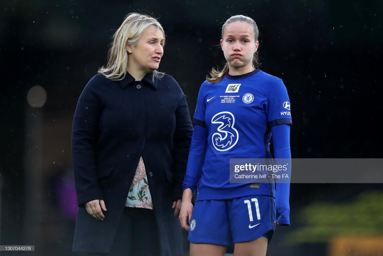 Emma Hayes, Manager of Chelsea interacts with Guro Reiten of Chelsea after the FA Women's Continental Tyres League Cup Final match between Bristol City Women and Chelsea Women at Vicarage Road on March 14, 2021 in Watford, England. Sporting stadiums around the UK remain under strict restrictions due to the Coronavirus Pandemic as Government social distancing laws prohibit fans inside venues resulting in games being played behind closed doors. (Photo by Catherine Ivill - The FA/The FA via Getty Images)