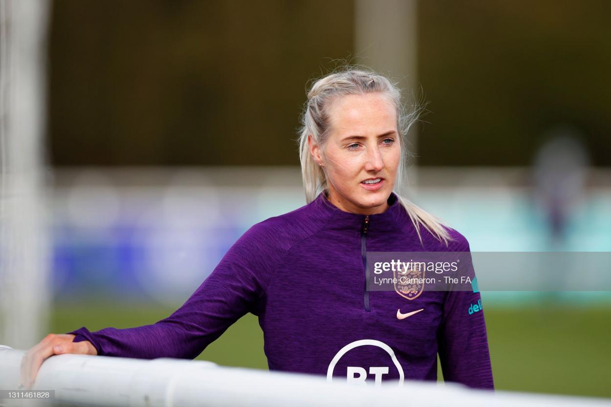 <strong><a  data-cke-saved-href='https://www.vavel.com/en/football/2020/10/10/womens-football/1041335-millie-turner-takes-mancheser-united-to-the-top-of-the-fa-wsl.html' href='https://www.vavel.com/en/football/2020/10/10/womens-football/1041335-millie-turner-takes-mancheser-united-to-the-top-of-the-fa-wsl.html'>Millie Turner</a></strong> of England looks on during an England Training Session in preparation for upcoming International matches at St George's Park on April 08, 2021 in Burton upon Trent, England. (Photo by Lynne Cameron - The FA/The FA via Getty Images)