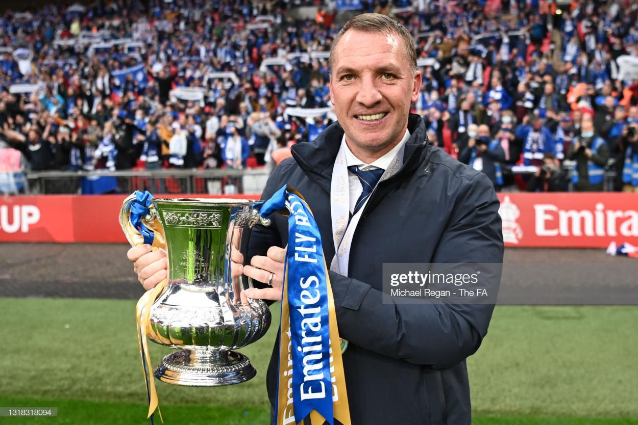 Brendan Rodgers of Leicester poses with the FA Cup after The Emirates FA Cup Final match between Chelsea and Leicester City at Wembley Stadium on May 15, 2021(Photo by Michael Regan - The FA/The FA via Getty Images)