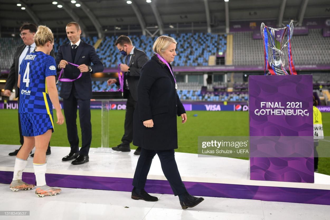 Emma Hayes, Manager of Chelsea looks dejected as she walks past the UEFA Women's Champions League trophy after defeat in the UEFA Women's Champions League Final match between Chelsea FC and Barcelona at Gamla Ullevi on May 16, 2021 in Gothenburg, Sweden. (Photo by Lukas Schulze - UEFA/UEFA via Getty Images)​​​​​​​