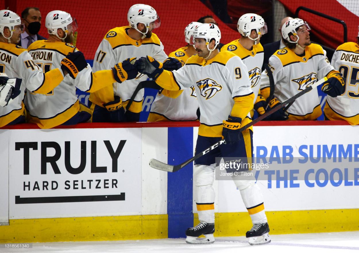 Filip Forsberg receives congratulations from his teammates after giving Nashville an early lead in Game 1/Photo: Jared C. Tilton/Getty Images