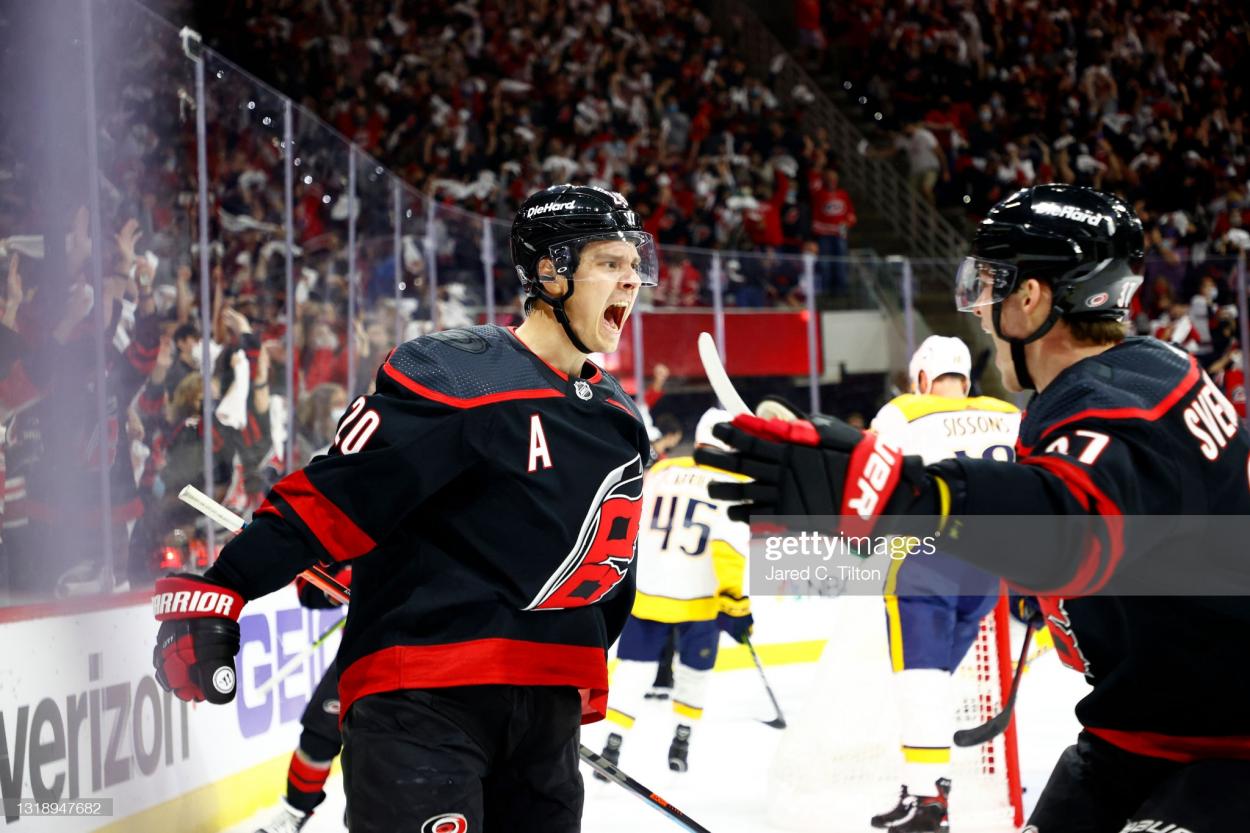 Sebastian Aho celebrates after opening the scoring in Game 2/Photo: Jared C. Tilton/Getty Images