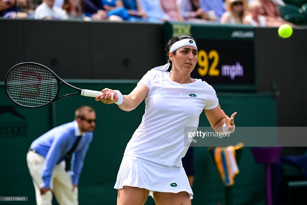 Jabeur hits a forehand during her fourth-round victory/Photo: TPN/Getty Images