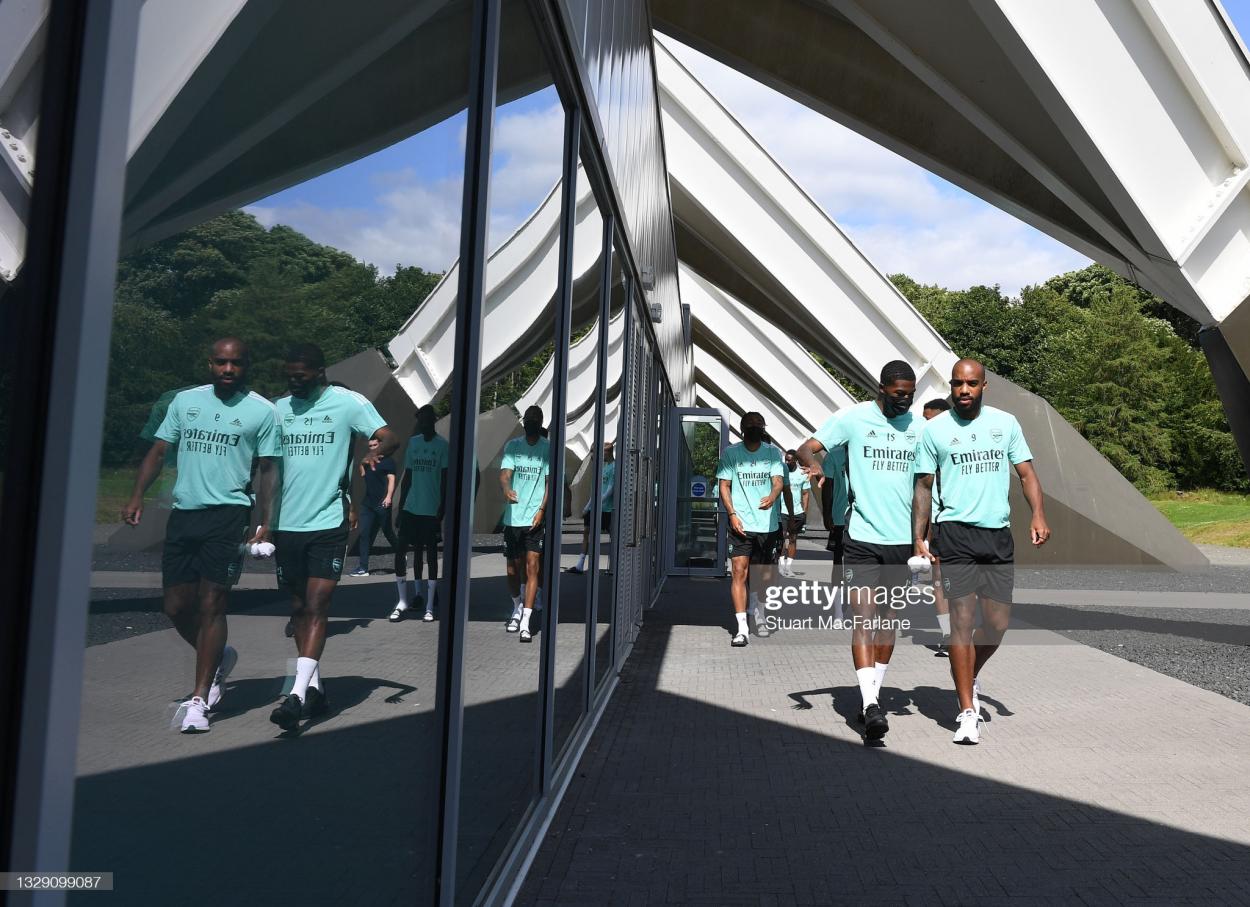 EDINBURGH, SCOTLAND - JULY 16: (L-R) Ainsley Maitlnd-Niles and Alex Lacazette of Arsenal before a training session at Orium Performance Centre on July 16, 2021 in Edinburgh, Scotland. (Photo by Stuart MacFarlane/Arsenal FC via Getty Images)