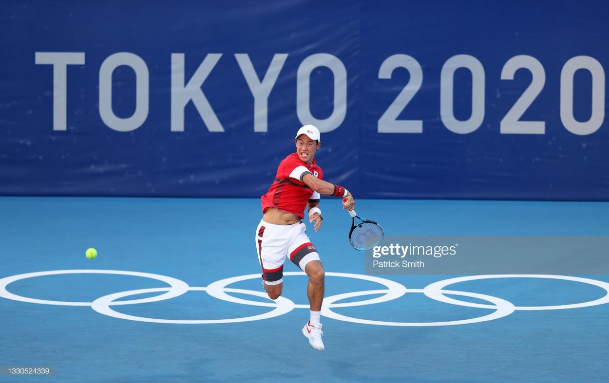 Nishikori hits forehand in his first-round victory/Photo: Gouseppe Cacace/AFP via Getty Images