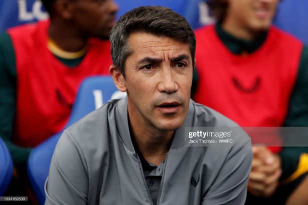 LEICESTER, ENGLAND - AUGUST 14: Bruno Lage, Manager of <strong><a  data-cke-saved-href='https://vavel.com/en/football/2021/08/13/leicester-city/1082011-brendan-rodgers-discusses-the-new-season-injuries-and-signings-ahead-of-premier-league-opener.html' href='https://vavel.com/en/football/2021/08/13/leicester-city/1082011-brendan-rodgers-discusses-the-new-season-injuries-and-signings-ahead-of-premier-league-opener.html'>Wolverhampton Wanderers</a></strong> looks on ahead of the Premier League match between Leicester City and <strong><a  data-cke-saved-href='https://vavel.com/en/football/2021/08/13/leicester-city/1082011-brendan-rodgers-discusses-the-new-season-injuries-and-signings-ahead-of-premier-league-opener.html' href='https://vavel.com/en/football/2021/08/13/leicester-city/1082011-brendan-rodgers-discusses-the-new-season-injuries-and-signings-ahead-of-premier-league-opener.html'>Wolverhampton Wanderers</a></strong> at The King Power Stadium on August 14, 2021 in Leicester, England. (Photo by Jack Thomas - WWFC/Wolves via Getty Images)