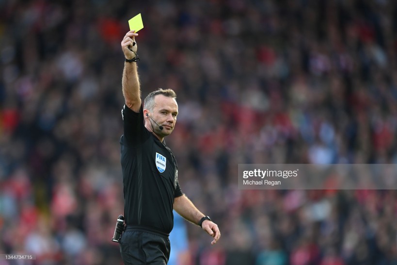 LIVERPOOL, ENGLAND - OCTOBER 03: Referee Paul Tierney during the <strong><a  data-cke-saved-href='https://www.vavel.com/en/football/2021/08/28/manchester-city/1083957-the-warmdown-manchester-city-show-off-their-attacking-arsenal-against-the-gunners.html' href='https://www.vavel.com/en/football/2021/08/28/manchester-city/1083957-the-warmdown-manchester-city-show-off-their-attacking-arsenal-against-the-gunners.html'>Premier League</a></strong> match between Liverpool and Manchester City at Anfield on October 03, 2021 in Liverpool, England. (Photo by Michael Regan/Getty Images)