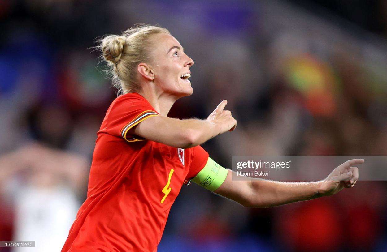 CARDIFF, WALES - OCTOBER 26: Sophie Ingle of Wales celebrates scoring her team's fourth goal during the FIFA Women's World Cup 2023 Qualifier group I match between Wales and Estonia at Cardiff City Stadium on October 26, 2021 in Cardiff , United Kingdom. (Photo by Naomi Baker/Getty Images)