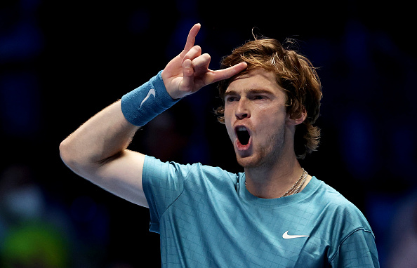 Rublev celebrating his win over Tsitsipas in their last meeting at the Nitto ATP Finals (Clive Brunskill/Getty Images)