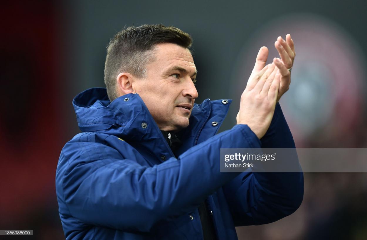 SHEFFIELD, ENGLAND - NOVEMBER 28: Paul Heckingbottom, Manager of Sheffield United applauds the fans prior to the Sky Bet Championship match between Sheffield United and Bristol City at Bramall Lane on November 28, 2021 in Sheffield, England. (Photo by Nathan Stirk/Getty Images)