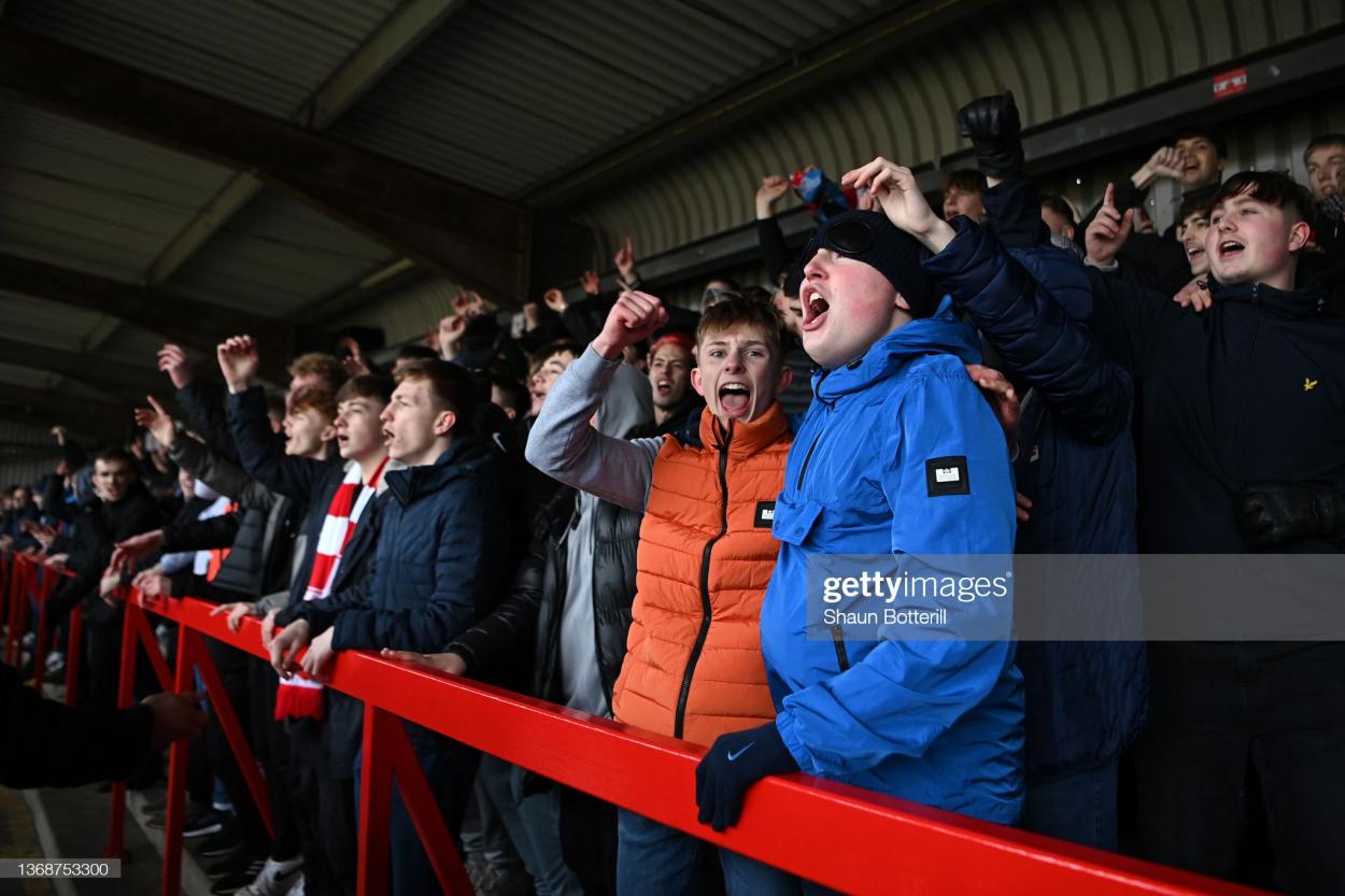 KIDDERMINSTER, ENGLAND - FEBRUARY 05: Kidderminster Harriers fans show their support prior to the Emirates FA Cup Fourth Round match between Kidderminster Harriers and West Ham United at Aggborough Stadium on February 05, 2022 in Kidderminster, England. (Photo by Shaun Botterill/Getty Images)