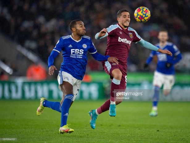 LEICESTER, ENGLAND - FEBRUARY 13: Ricardo Pereira of Leicester City and Pablo Fournals of West Ham United in action during the Premier League match between Leicester City and West Ham United at The King Power Stadium on February 13, 2022 in Leicester, United Kingdom. (Photo by Joe Prior/Visionhaus via Getty Images)