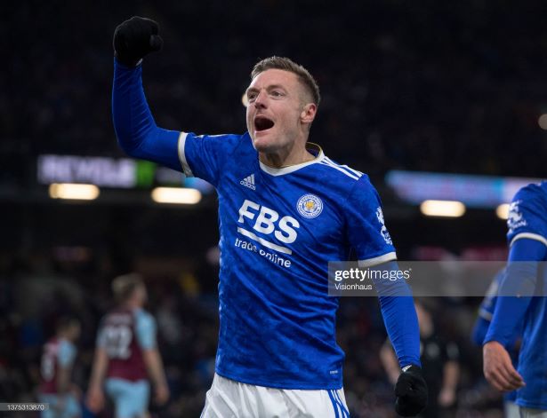 BURNLEY, ENGLAND - MARCH 01: Jamie Vardy of Leicester City celebrates scoring his team's second goal during the Premier League match between Burnley and Leicester City at Turf Moor on March 1, 2022 in Burnley, United Kingdom. (Photo by Joe Prior/Visionhaus via Getty Images)