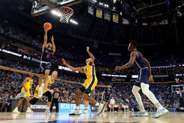 Jacob Gilyard goes in for a layup as Richmond pulled another March surprise/Photo: Joshua Bessex/Getty Images