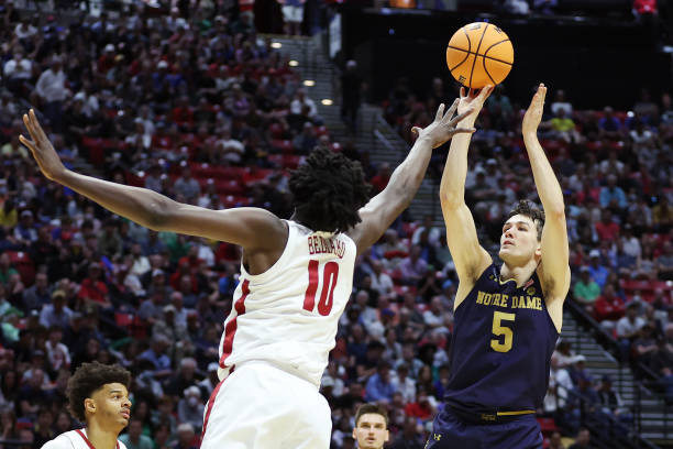 Cormac Ryan shoots over Charles Bediako of Alabama during Notre Dame's victory/Photo: Sean M. Haffey/Getty Images