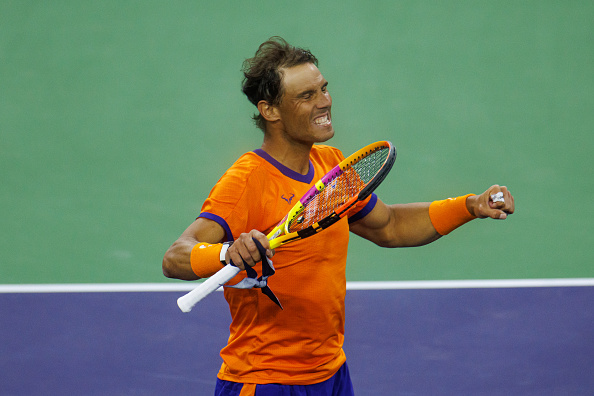Nadal celebrates winning his semifinal against Carlos Alcaraz (TPN/Getty Images)\