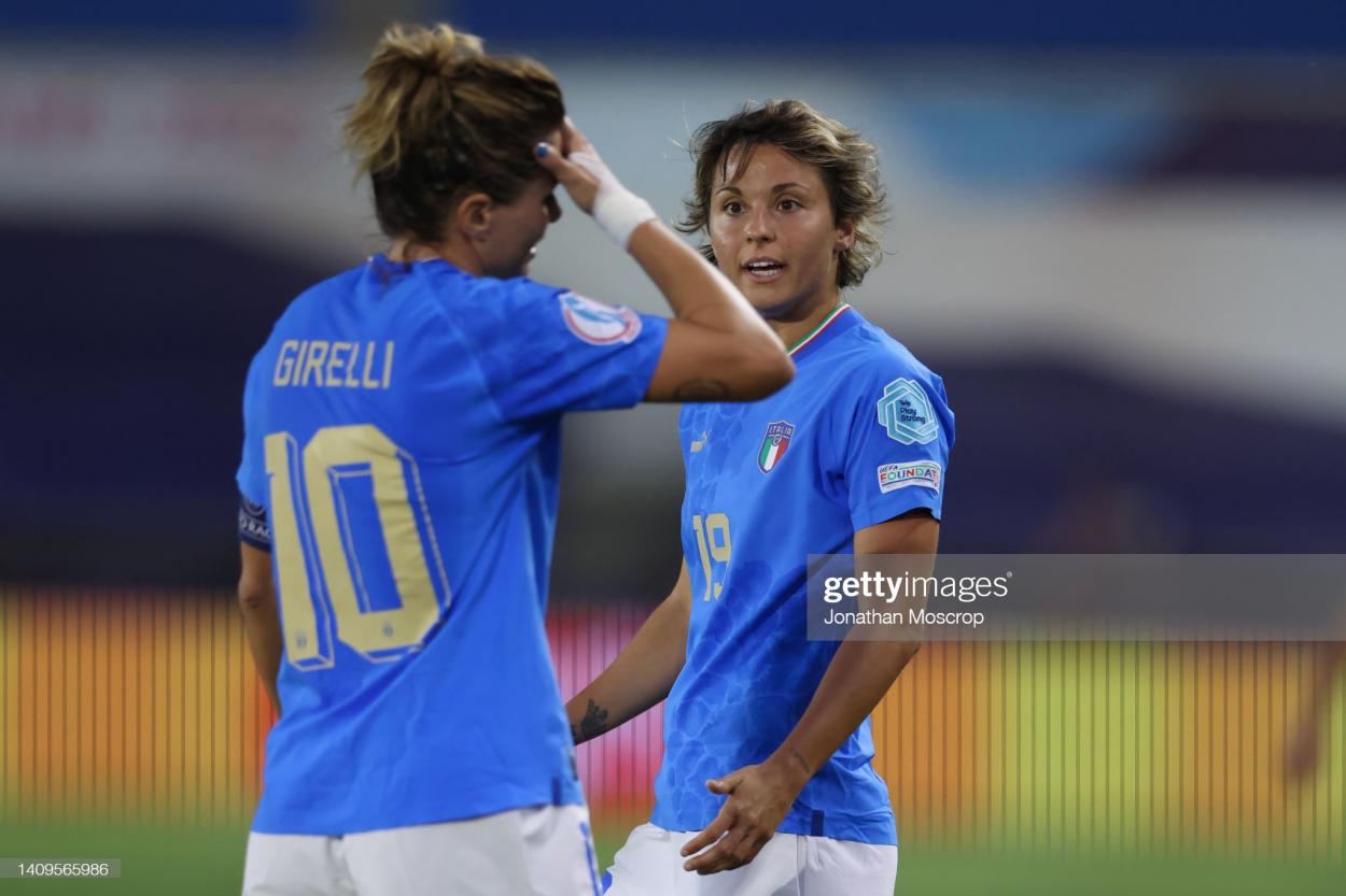 Cristiana Girelli and Valentina Giacinti of Italy react during the UEFA Women's Euro England 2022 group D match between Italy and Belgium at Manchester City Academy Stadium on July 18, 2022 in Manchester, England. (Photo by Jonathan Moscrop/Getty Images)
