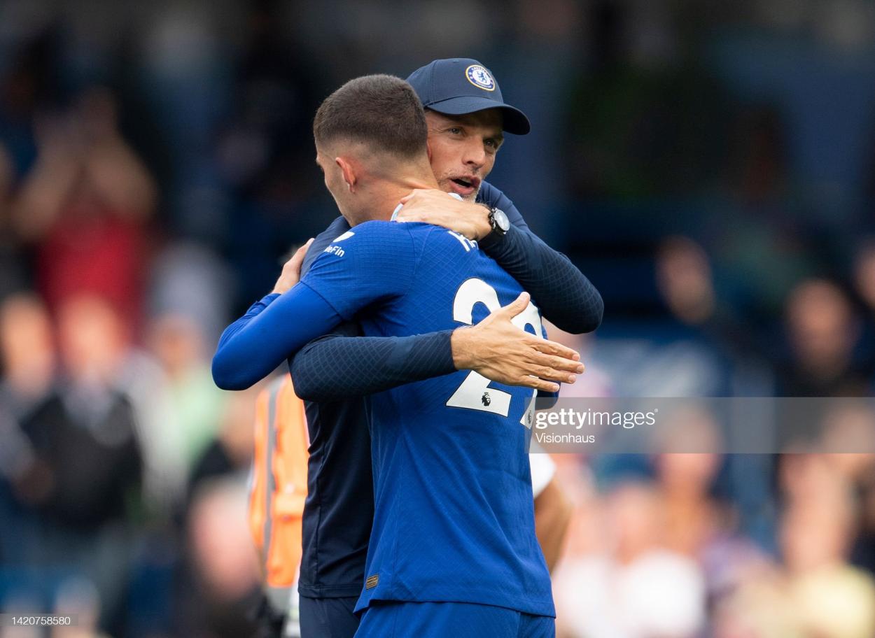 Thomas Tuchel embraces Kai Havertz after Chelsea beat West Ham (Photo by Visionhaus/Getty Images)