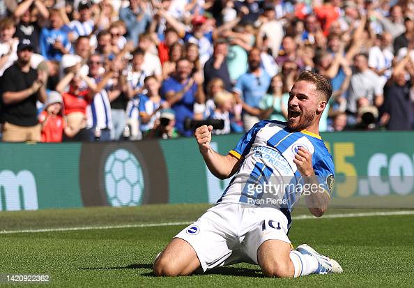 Mac Allister celebrates one of his goals against Leicester City. Photo by Ryan Pierse/GettyImages.