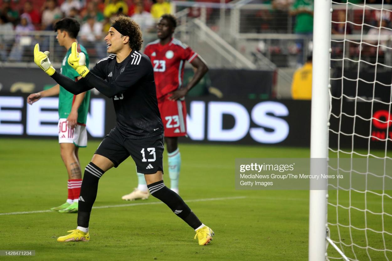 SANTA CLARA, CALIFORNIA - SEPTEMBER 27: Mexico goalkeeper Guillermo Ochoa gives instructions to his teammates in the first half of a friendly soccer match at Levi's Stadium in Santa Clara, Calif., on Tuesday, Sept. 27, 2022. (Photo by Ray Chavez/MediaNews Group/The Mercury News via Getty Images)