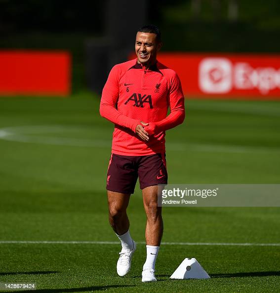 Thiago in training for Liverpool. Photo by Andrew Powell/GettyImages.
