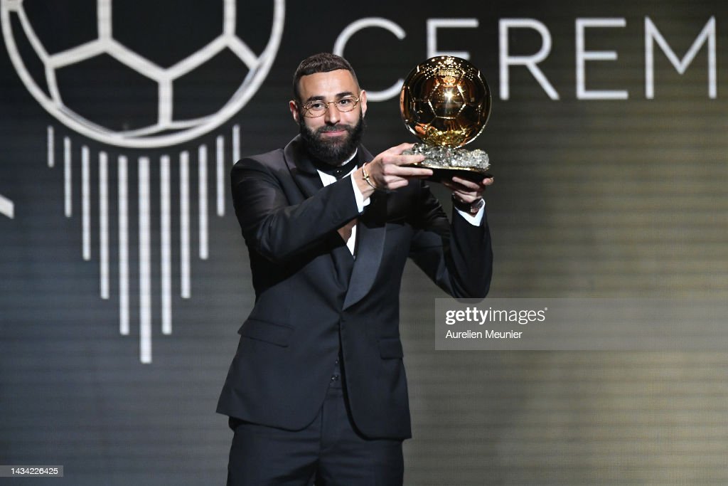 PARIS, FRANCE - OCTOBER 17: Karim Benzema receives the Ballon d'Or award during the Ballon D'Or ceremony at Theatre Du Chatelet In Paris on October 17, 2022 in Paris, France. (Photo by Aurelien Meunier/Getty Images)