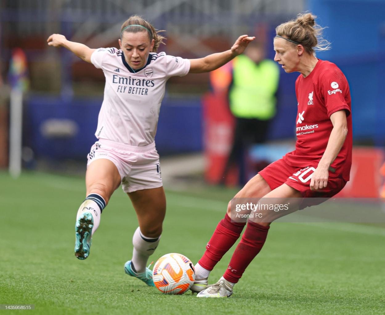 Katie McCabe of Arsenal closes down Yana Daniels of Liverpool during the FA Women's Super League match at Prenton Park on October 23, 2022 in Birkenhead, England. (Photo by Arsenal FC/Getty Images)
