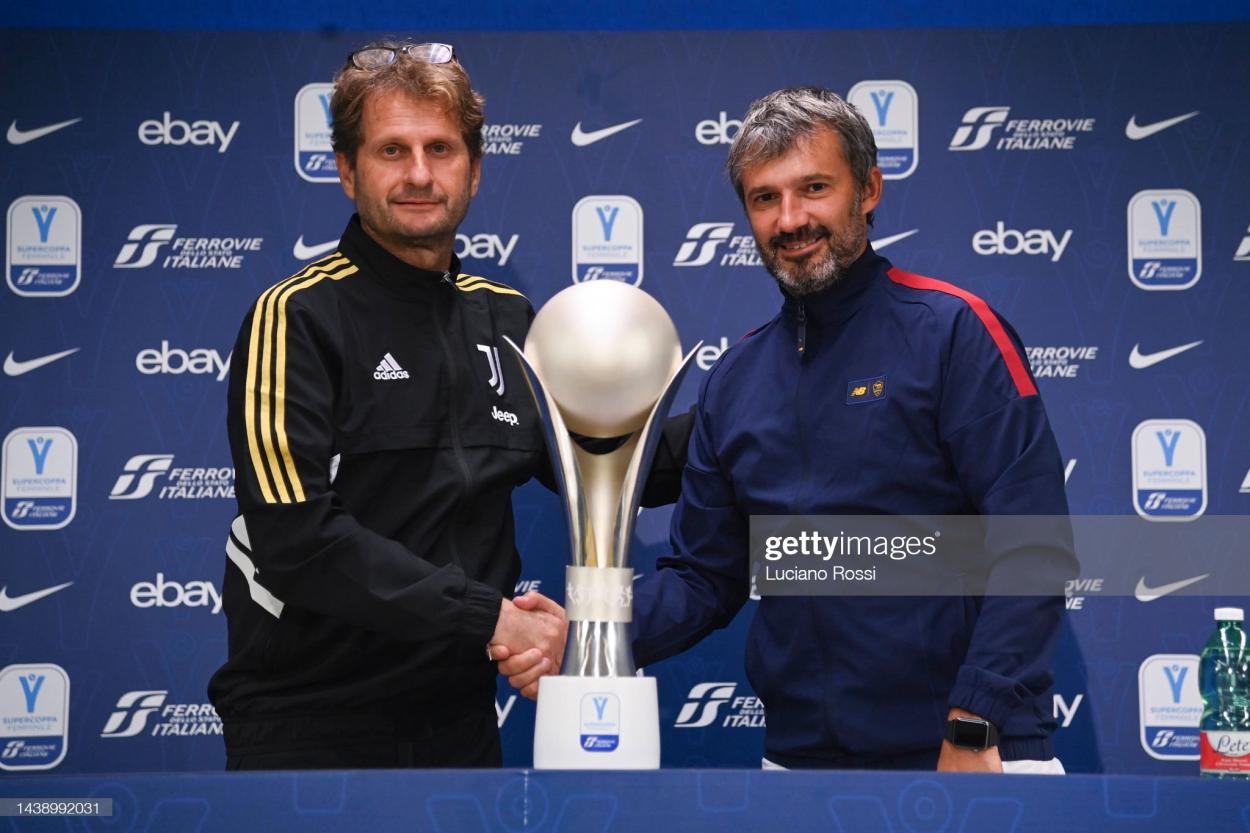 AS Roma coach Alessandro Spugna (R) and Juventus coach Joe Montemurro during Press Conference at Stadio Ennio Tardini on November 04, 2022 in Parma, Italy. (Photo by Luciano Rossi/AS Roma via Getty Images)