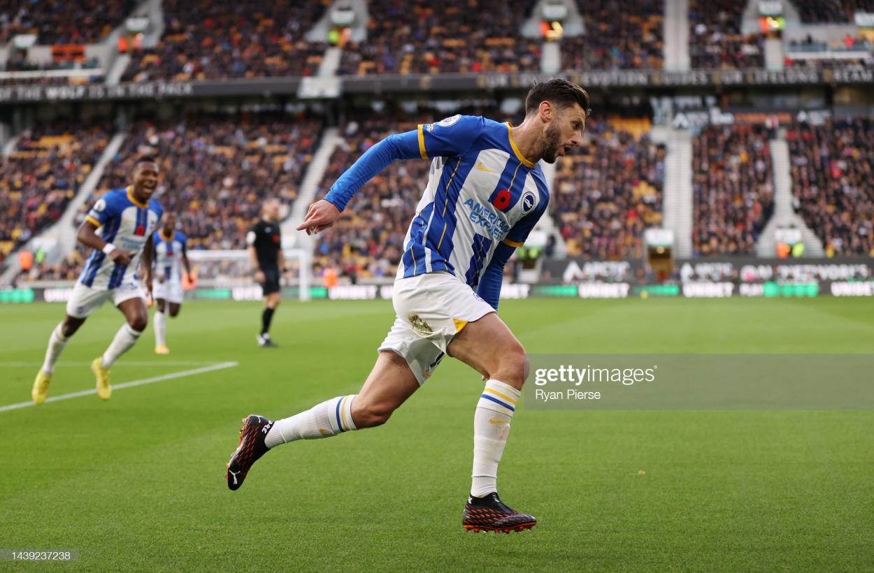 WOLVERHAMPTON, ENGLAND - NOVEMBER 05: Adam Lallana of Brighton & Hove Albion celebrates after scoring their team's first goal during the Premier League match between Wolverhampton Wanderers and Brighton & Hove Albion at Molineux on November 05, 2022 in Wolverhampton, England. (Photo by Ryan Pierse/Getty Images)