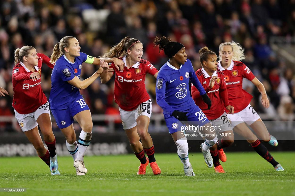 Alessia Russo, Maya Le Tissier, Nikita Paris and <strong><a  data-cke-saved-href='https://www.vavel.com/en/football/2020/10/10/womens-football/1041335-millie-turner-takes-mancheser-united-to-the-top-of-the-fa-wsl.html' href='https://www.vavel.com/en/football/2020/10/10/womens-football/1041335-millie-turner-takes-mancheser-united-to-the-top-of-the-fa-wsl.html'>Millie Turner</a></strong> of <strong><a  data-cke-saved-href='https://www.vavel.com/en/football/2023/03/05/womens-football/1139659-manchester-united-5-1-leicester-city-russo-scores-perfect-hat-trick-to-extend-lead-at-top.html' href='https://www.vavel.com/en/football/2023/03/05/womens-football/1139659-manchester-united-5-1-leicester-city-russo-scores-perfect-hat-trick-to-extend-lead-at-top.html'>Manchester United</a></strong> Women in action during the FA Women's Super League match between <strong><a  data-cke-saved-href='https://www.vavel.com/en/football/2023/03/05/womens-football/1139659-manchester-united-5-1-leicester-city-russo-scores-perfect-hat-trick-to-extend-lead-at-top.html' href='https://www.vavel.com/en/football/2023/03/05/womens-football/1139659-manchester-united-5-1-leicester-city-russo-scores-perfect-hat-trick-to-extend-lead-at-top.html'>Manchester United</a></strong> and Chelsea at Leigh Sports Village on November 06, 2022 in Leigh, England. (Photo by Charlotte Tattersall - MUFC/<strong><a  data-cke-saved-href='https://www.vavel.com/en/football/2023/03/05/womens-football/1139659-manchester-united-5-1-leicester-city-russo-scores-perfect-hat-trick-to-extend-lead-at-top.html' href='https://www.vavel.com/en/football/2023/03/05/womens-football/1139659-manchester-united-5-1-leicester-city-russo-scores-perfect-hat-trick-to-extend-lead-at-top.html'>Manchester United</a></strong> via Getty Images)