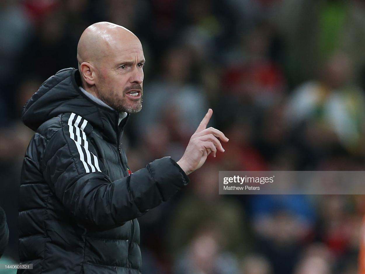 MANCHESTER, ENGLAND - NOVEMBER 10: Manager Erik ten Hag of Manchester United watches from the touchline during the Carabao Cup Third Round match between Manchester United and Aston Villa at Old Trafford on November 10, 2022 in Manchester, England. (Photo by Matthew Peters/Manchester United via Getty Images)