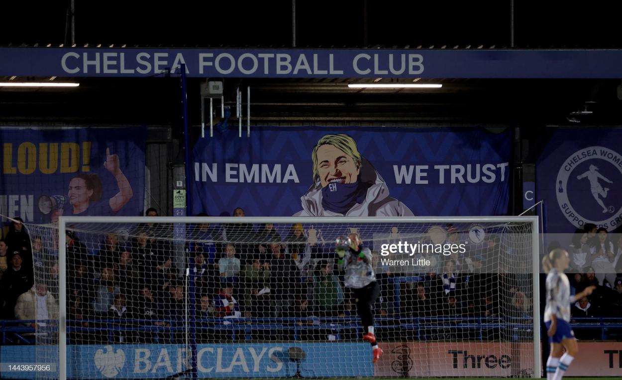 A banner with the portrait of Emma Hayes, head coach of Chelsea FC is seen in the tribune ahead of the UEFA Women's Champions League group A match between Chelsea FC and Real Madrid at Kingsmeadow on November 23, 2022 in Kingston upon Thames, England. (Photo by Warren Little/Getty Images)