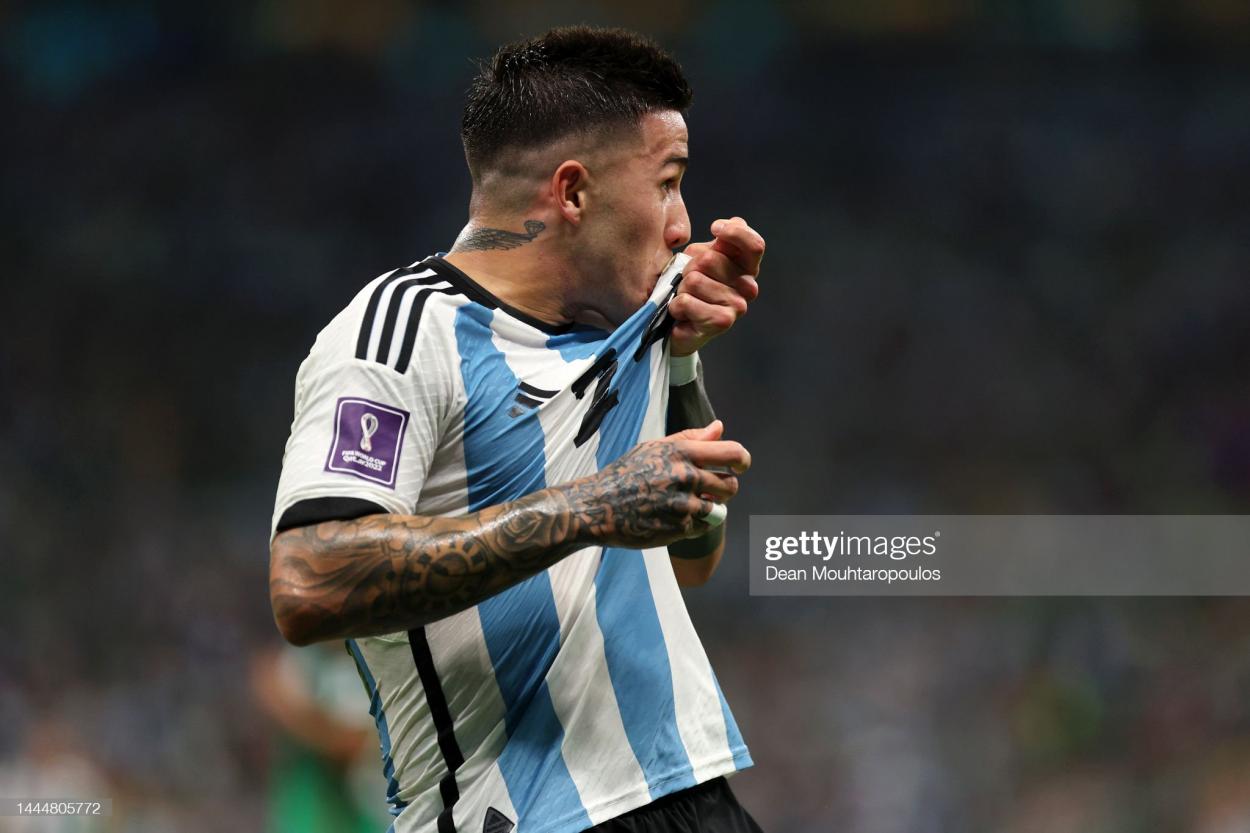Fernandez became Argentina's second youngest goalscorer at a <strong><a  data-cke-saved-href='https://www.vavel.com/en/football/2023/01/02/premier-league/1133323-manchester-united-vs-bournemouth-premier-league-preview-gameweek-19-2023.html' href='https://www.vavel.com/en/football/2023/01/02/premier-league/1133323-manchester-united-vs-bournemouth-premier-league-preview-gameweek-19-2023.html'>World Cup,</a></strong> behind only <strong><a  data-cke-saved-href='https://www.vavel.com/en/football/2021/09/15/chelsea-fc/1085981-can-chelsea-retain-their-champions-league-crown.html' href='https://www.vavel.com/en/football/2021/09/15/chelsea-fc/1085981-can-chelsea-retain-their-champions-league-crown.html'>Lionel Messi</a></strong> (Photo by Dean Mouhtaropoulos/Getty Images)