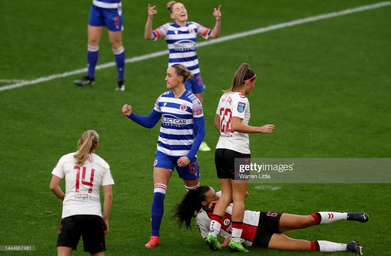 SOUTHAMPTON, ENGLAND - NOVEMBER 27: <strong><a  data-cke-saved-href='https://www.vavel.com/en/football/2017/12/04/womens-football/854710-vavel-uks-top-100-female-footballers-of-2017.html' href='https://www.vavel.com/en/football/2017/12/04/womens-football/854710-vavel-uks-top-100-female-footballers-of-2017.html'>Sanne Troelsgaard</a></strong> (C) of Reading Women celebrates after scoring the opening goal during the FA Women's Continental Tyres League Cup match between Southampton F.C. Women and Reading Women at St Mary's Stadium on November 27, 2022 in Southampton, England. (Photo by Warren Little/Getty Images)